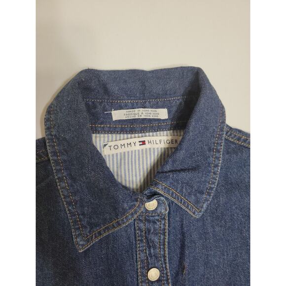 Tommy Hilfiger Women Petite Small 4 Dress Blue Jean Pocket Silver Button Up - Picture 2 of 12